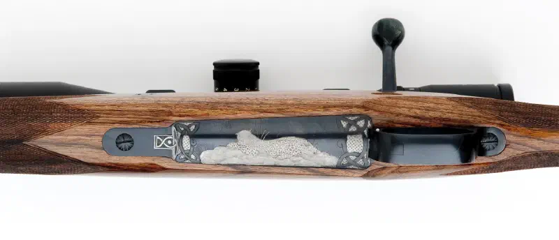 7MM STW LH Custom Rifle with Celtic Engraving and Leopard