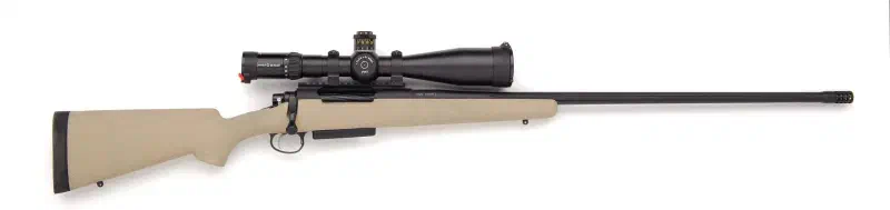 Premium Synthetic Rifle Tac_Hunter Desert Tan with Fluted Barrel, Muzzle Brake and Schmidt & Bender Scope